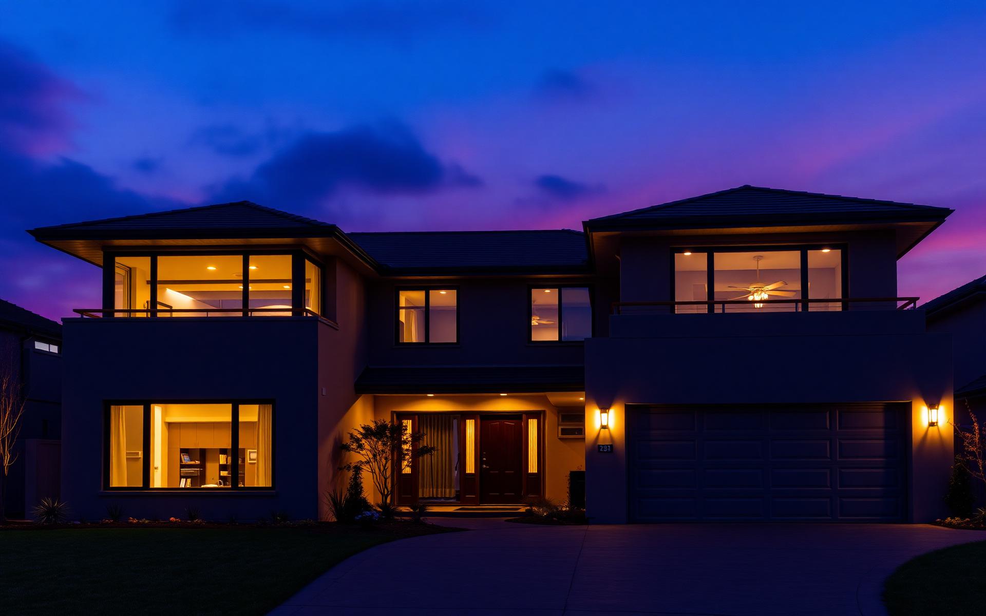 Modern luxury home photographed at twilight in Northwest Arkansas